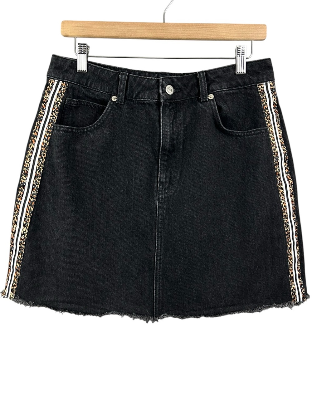Topshop Moto Black Denim Mini Skirt with Leopard-Trim Side Stripes Size 10